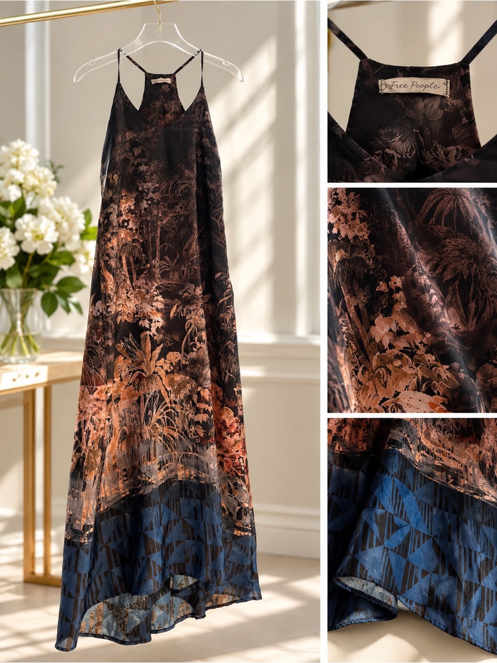 Free People Floral Ombre Maxi Slip Dress in Black, Copper & Blue